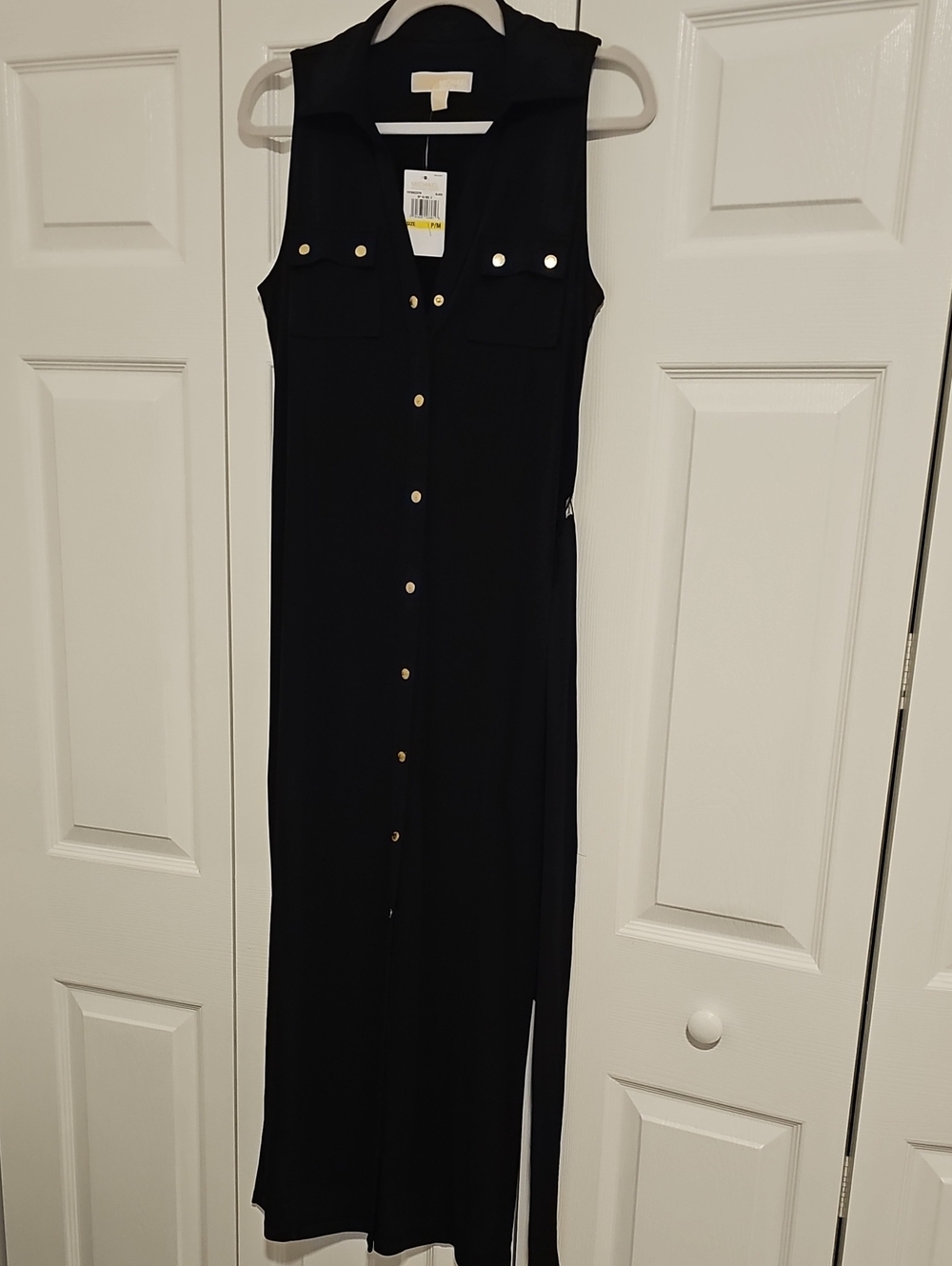 Michael Kors Black Sleeveless Maxi Shirt Dress with Gold Buttons